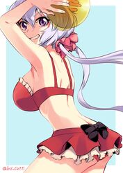  ball bikini breasts commentary_request female grin large_breasts long_hair looking_back purple_eyes purple_hair red_bikini sako_(namocake) senki_zesshou_symphogear smile solo swimsuit twintails twitter_username yukine_chris 