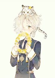  1boy animal animal_on_head commentary_request flower gokotai gokotai&#039;s_tigers hair_over_one_eye head_wreath head_wreath_removed male_focus necktie on_head seuga tiger tiger_cub touken_ranbu white_hair white_tiger yellow_eyes 