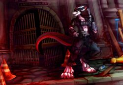  absurd_res blood bodily_fluids capcom chibity detailed_background dragon gun hi_res huge_filesize male mythological_creature mythological_scalie mythology primus_(peter4331) ranged_weapon resident_evil scalie solo tail weapon 