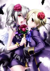  2girls angel_wings blonde_hair commentary_request drill_hair flower grey_hair hair_flower hair_ornament hair_over_one_eye idolmaster idolmaster_cinderella_girls kanzaki_ranko long_hair looking_at_viewer multiple_girls open_mouth red_eyes rosenburg_alptraum_(idolmaster) rosenburg_engel_(idolmaster) shirasaka_koume sleeves_past_fingers sleeves_past_wrists twin_drills twintails wings zen_(kamuro) 