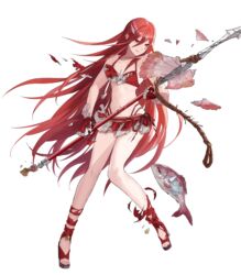  bandaid bare_shoulders bikini bikini_skirt breasts broken broken_weapon clenched_teeth collarbone cordelia_(fire_emblem) cordelia_(summer)_(fire_emblem) female fingerless_gloves fire_emblem fire_emblem_awakening fire_emblem_heroes fish full_body gloves hair_ornament highleg highres long_hair looking_away mayo_(becky2006) navel non-web_source official_art polearm red_eyes red_hair rope sandals shiny_skin sidelocks small_breasts solo spear starfish swimsuit teeth toeless_footwear torn_clothes transparent_background very_long_hair weapon 