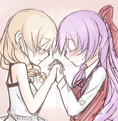  2girls blonde_hair blush closed_eyes commentary_request ellen_(majo_no_ie) highres holding_hands interlocked_fingers long_hair majo_no_ie multiple_girls purple_hair sei000 viola_(majo_no_ie) 