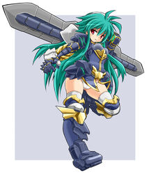  armor commentary_request female gauntlets green_hair karukan_(monjya) long_hair polaris_(shinrabanshou) red_eyes shinrabanshou solo sword weapon 