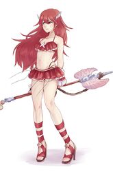  bare_shoulders bikini cordelia_(fire_emblem) cordelia_(summer)_(fire_emblem) feet female fire_emblem fire_emblem_awakening fire_emblem_heroes full_body hair_ornament high_heels highres long_hair looking_away misokatsuhaumai official_alternate_costume parasol polearm red_eyes red_hair sandals shell simple_background solo spear starfish summer swimsuit thighs umbrella weapon white_background 