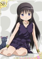  akemi_homura alternate_costume amy_(madoka_magica) black_hair bracelet dress feline female hairband jewelry long_hair mahou_shoujo_madoka_magica mahou_shoujo_madoka_magica_plus necklace official_art purple_dress purple_eyes solo trading_card 