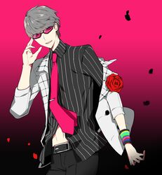  1boy alternate_costume belt black-framed_eyewear commentary_request cowboy_shot fingernails flower formal glasses gradient_background grey_hair male_focus mami_(apsaras) narukami_yuu necktie persona persona_4 petals rose smile solo suit 