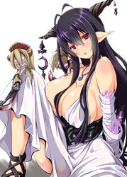  antenna_hair bad_id bad_pixiv_id bandages bare_shoulders black_hair breasts commentary_request danua draph female granblue_fantasy gretel_(granblue_fantasy) hansel_(granblue_fantasy) horns huge_breasts kimura_neito long_hair looking_at_viewer pointy_ears red_eyes simple_background solo white_background 