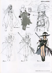  belt black_eyes black_hair boots braid broom cape choker concept_art female glasses green_footwear hat high_heels highres hiruda_reia jewelry line_art long_hair long_legs mechanical_broom necklace open_mouth reference_sheet shining_(series) shining_wind simple_background solo thigh_gap tony_taka translation_request twin_braids very_long_hair witch witch_hat 