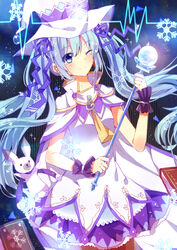  absurdres bad_id bad_pixiv_id blue_eyes blue_hair blue_ribbon book cape female glowing grimoire hair_ribbon hat hatsune_miku highres holding holding_wand long_hair luppykiy necktie one_eye_closed rabbit rabbit_yukine ribbon short_necktie skirt snowflake_hat_ornament snowflakes suki!_yuki!_maji_magic_(vocaloid) treble_clef twintails very_long_hair vocaloid wand witch_hat yellow_necktie yuki_miku yuki_miku_(2014) 