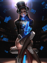  arm_support artist_name auditorium backlighting card chinese_commentary commentary_request dark-skinned_female dark_background dark_skin female finger_to_mouth gloves hat liang_xing looking_at_viewer magician_symmetra mechanical_arms mole mole_under_mouth nose official_alternate_costume overwatch overwatch_1 parted_lips patreon_username photoshop_(medium) single_mechanical_arm sitting solo symmetra_(overwatch) thighhighs top_hat watermark web_address white_gloves 