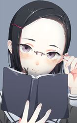  adjusting_eyewear aida_takanobu bad_id bad_twitter_id black_hair blue_eyes book book_focus bookmark female fingernails forehead glasses hair_ornament hairclip hairpin holding holding_book open_book school_uniform serafuku solo upper_body 