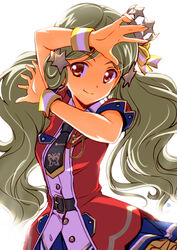  absurdres black_necktie brown_eyes commentary_request female floating_hair green_hair hair_ornament hair_ribbon handa_roco hat highres idolmaster idolmaster_million_live! idolmaster_million_live!_theater_days layered_skirt long_hair mercy_rabbit mini_hat miniskirt necktie photoshop_(medium) ribbon shiny_trinity_(idolmaster) short_sleeves simple_background skirt smile solo standing star_(symbol) star_hair_ornament striped striped_ribbon twintails very_long_hair white_background wristband 