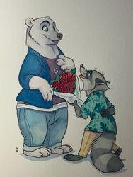  2016 anthro avoid_posting barefoot bear blue_eyes bouquet claws clothed clothing disney duo fan_character feet female gift jewelry major_friedkin male mammal markings necklace open_mouth open_smile polar_bear procyonid raccoon ring_(marking) ringed_tail simple_background size_difference smile striped_markings striped_tail stripes tail tail_markings thornwolf toe_claws traditional_media_(artwork) ursine white_background zootopia 