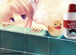  ass bathing bathtub blonde_hair commentary_request embarrassed female kaho_okashii nude original partially_submerged purple_eyes rubber_duck shy tiles water wet 