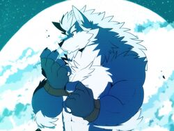  2018 4:3 abs anthro biceps canid canine canis digital_media_(artwork) fur male mammal moon muscular muscular_anthro muscular_male oleola123 pecs solo wolf yutari 