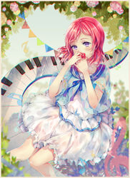  beamed_sixteenth_notes blue_ribbon border chromatic_aberration commentary_request day eighth_note female flower frilled_skirt frills highres holding holding_flower knees_together_feet_apart love_live! love_live!_school_idol_project musical_note neck_ribbon nishikino_maki outdoors photoshop_(medium) piano_keys pink_flower pink_rose purple_eyes quarter_note red_flower red_hair red_rose ribbon rose shirt short_hair short_sleeves skirt solo string_of_flags teka treble_clef white_shirt white_skirt yellow_flower yellow_rose 