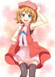  :d arm_up black_thighhighs blue_eyes blue_ribbon brown_hair collarbone commentary_request detached_sleeves female hand_on_own_hip hat highres neck_ribbon open_mouth pink_hat pink_shirt pink_skirt pokemon pokemon_(anime) pokemon_xy_(anime) ponishi. ribbon serena_(pokemon) shiny_clothes shirt short_hair skirt sleeveless sleeveless_duster sleeveless_shirt smile solo thighhighs 