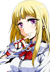  ascot blonde_hair blunt_bangs commentary_request female fingerless_gloves gloves kyo9999 lili_(tekken) long_hair looking_at_viewer purple_eyes smile solo tekken white_background 