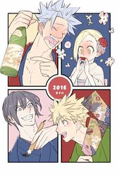  2016 3boys alcohol alternate_costume alternate_hairstyle amano_ginji bad_id bad_pixiv_id ban_(nanatsu_no_taizai) black_hair blonde_hair blue_eyes bottle closed_eyes collarbone cup drink drunk elaine female flower getbackers grey_hair grin hair_between_eyes hair_flower hair_ornament heart japanese_clothes kimono looking_at_another makino_(makibanosong) midou_ban multiple_boys nanatsu_no_taizai pink_flower red_flower red_rose rose sakazuki sake_bottle smile tongue tongue_out upper_body yellow_eyes yukata 