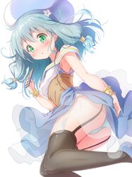  ass bare_shoulders blue_footwear blue_hair blue_hat blue_panties blue_skirt blush breasts brown_thighhighs card commentary endro! female flower from_side garter_straps green_eyes hair_between_eyes hand_up hat holding holding_card long_hair looking_at_viewer matokechi medium_breasts meiza_endust multicolored_clothes multicolored_hat off-shoulder_shirt off_shoulder panties parted_lips see-through shirt shoes sidelocks simple_background skirt solo thighhighs underwear white_background white_flower white_hat white_shirt 