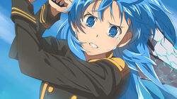  black_jacket blue_eyes blue_hair blue_sky chiharu_(9654784) chtholly_nota_seniorious clenched_teeth commentary_request crying crying_with_eyes_open day female floating_hair highres holding holding_sword holding_weapon jacket long_hair long_sleeves looking_at_viewer one_side_up outdoors shuumatsu_nani_shitemasu_ka? sky solo sword tears teeth upper_body weapon 