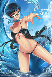  bad_id bad_pixiv_id bayonetta bayonetta_(series) bayonetta_2 bikini black_hair blue_eyes breasts cleavage commentary female glasses koshio looking_at_viewer mole mole_under_mouth navel neck_ribbon ocean parted_lips pointing ribbon short_hair solo stomach swimsuit thigh_gap thong_bikini toned water waves 