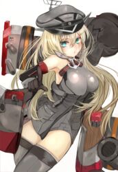  bad_id bad_pixiv_id bismarck_(kancolle) bismarck_kai_(kancolle) blonde_hair breasts cannon commentary_request cucurbita female gloves green_eyes grey_thighhighs hat highres kantai_collection large_breasts long_hair looking_at_viewer peaked_cap pointing pointing_at_viewer solo thighhighs 