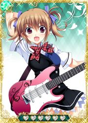  blue_ribbon brown_eyes brown_hair card_(medium) female grisaia_(series) grisaia_no_kajitsu guitar hair_ribbon instrument irisu_makina looking_at_viewer open_mouth ribbon short_hair solo 