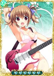  armpits blue_ribbon bra breasts brown_eyes brown_hair card_(medium) cleavage female grisaia_(series) grisaia_no_kajitsu guitar hair_ribbon instrument irisu_makina looking_at_viewer medium_breasts navel open_mouth panties pink_bra pink_panties ribbon short_hair solo underwear 