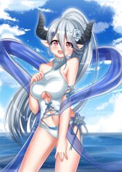  bare_arms bare_shoulders bikini blue_hair clothing_cutout commentary draph female flower granblue_fantasy hair_flower hair_ornament highres horns izmir izmir_(summer)_(granblue_fantasy) katou_shinobu long_hair mole mole_under_mouth official_alternate_costume one-piece_swimsuit ponytail red_eyes solo swimsuit underboob_cutout white_one-piece_swimsuit 