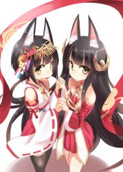  2girls animal_ears azur_lane bare_shoulders black_hair black_legwear brown_eyes choker commentary detached_sleeves dress fox_ears hair_ornament hakama hakama_skirt highres holding_hands japanese_clothes kanzashi kazekawa_nagi long_hair miko miniskirt multiple_girls mutsu_(azur_lane) nagato_(azur_lane) no_tail open_mouth red_dress red_skirt shirt short_dress short_hair skirt smile thighhighs very_long_hair white_shirt 