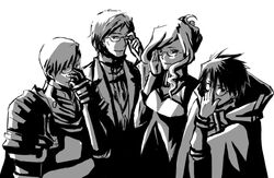  3boys adjusting_eyewear armor breasts bz10 cape cloak commentary_request crusty_(log_horizon) female gauntlets glasses greyscale henrietta_(log_horizon) high_collar lab_coat log_horizon long_hair medium_breasts monochrome multiple_boys photoshop_(medium) roderick_(log_horizon) shiroe_(log_horizon) short_hair smile turtleneck 