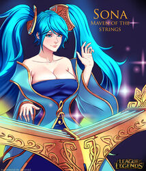  absurdres blue_eyes blue_hair blush breasts commentary danfer3 female highres instrument large_breasts league_of_legends lips long_hair mixed-language_commentary smile solo sona_(league_of_legends) spanish_commentary support twintails weapon 