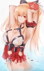  armband arms_behind_head arms_up bad_id bad_pixiv_id bikini black_bow blonde_hair bow breasts cleavage female flower granblue_fantasy hair_flower hair_ornament hairbow hibiscus highres huge_breasts long_hair navel official_alternate_costume ponytail red_eyes scrunchie smile snm_(sunimi) solo swimsuit vira_(granblue_fantasy) vira_(summer)_(granblue_fantasy) 