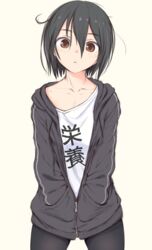  black_hair blush brown_eyes clothes_writing collarbone commentary_request female hands_in_pockets highres hood hood_down hooded_track_jacket hoodie jacket looking_at_viewer makabe_gorou messy_hair original pants short_hair solo track_jacket translated 