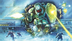  1990s_(style) aiming armor assault_suits_series assault_suits_valken attack battle beam_rifle body_armor box_art cable cropped damaged deflect dirty electricity energy_beam energy_gun firing fog gloves glowing glowing_eyes helmet hole machinery mecha military military_uniform official_art promotional_art realistic red_eyes retro_artstyle robot running scan scared science_fiction shield sign smoke soldier spacecraft_interior sparks surprised tom_dubois traditional_media uniform valken warning_sign weapon 