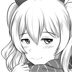  beret close-up closed_mouth female gloves greyscale hair_between_eyes hat kantai_collection kashima_(kancolle) looking_at_viewer monochrome scarf solo twintails wangphing wavy_hair 