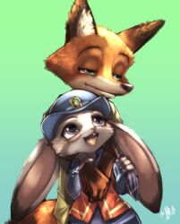  anthro big_ears brown_body brown_fur buckteeth canid canine cheek_tuft clothed clothing dipstick_ears disney duo ear_markings ears_down facial_tuft fox fur gradient_background green_background green_eyes grey_body grey_fur half-closed_eyes hat headgear headwear hi_res hug hugging_another hugging_from_behind inner_ear_fluff judy_hopps lagomorph leporid light lighting mammal multicolored_ears narrowed_eyes nick_wilde open_mouth open_smile orange_body orange_fur pivoted_ears purple_eyes rabbit red_fox shaolin_bones shirt simple_background smile teeth tongue topwear true_fox tuft vest white_body white_fur zootopia 