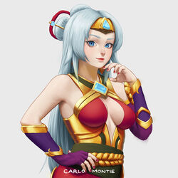  artist_name bare_shoulders blue_eyes breasts breasts_apart carlo_montie center_opening cleavage_cutout clothing_cutout commentary english_commentary female fingerless_gloves gem gloves grey_background hair_ornament hair_stick headband jewelry lian_(paladins) lipstick long_hair makeup medium_breasts nail_polish paladins photoshop_(medium) ring solo thumb_ring upper_body white_hair 