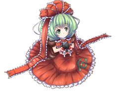  bow commentary_request doll dress female front_ponytail green_eyes green_hair hairbow kagiyama_hina kikurage_(sugi222) looking_at_viewer puffy_sleeves red_dress short_sleeves simple_background sitting smile solo touhou white_background 