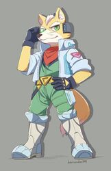  anthro belt black_nose brown_body brown_fur canid canine clothing fox fox_mccloud fur green_eyes harusuke male mammal nintendo smile solo star_fox white_body white_fur 