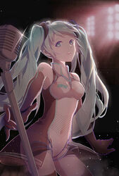  absurdres aqua_eyes black_gloves black_thighhighs breasts commentary covered_navel cowboy_shot elbow_gloves female gloves goodsmile_racing green_hair hatsune_miku head_tilt highres indoors leotard light_particles long_hair looking_at_viewer microphone microphone_stand open_mouth racing_miku racing_miku_(2011) see-through shiny_clothes shure_55sh small_breasts solo sparkle standing swept_bangs thighhighs twintails very_long_hair vocaloid white_leotard yukiko_(snow_boy) 