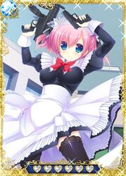  black_thighhighs blue_eyes card_(medium) female garter_straps grisaia_(series) grisaia_no_kajitsu gun h&amp;k_mp5 h&amp;k_mp5k handgun heckler_&amp;_koch holding holding_gun holding_weapon indoors komine_sachi maid maid_headdress pink_hair short_hair sig_p220/p226 sig_sauer smile solo submachine_gun thighhighs weapon 