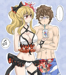  ... 1boy arm_behind_back bare_shoulders beamed_eighth_notes bikini black_bow blonde_hair blush bow breasts brown_eyes brown_hair character_print cheken cleavage collarbone commentary_request crossed_arms drink drinking drinking_straw female flower gran_(granblue_fantasy) granblue_fantasy groin hair_between_eyes hair_flower hair_ornament hairbow holding large_breasts long_hair looking_at_another male_swimwear musical_note navel official_alternate_costume outline ponytail red_eyes short_hair sidelocks smile speech_bubble spoken_ellipsis spoken_musical_note sweat swim_trunks swimsuit turn_pale vira_(granblue_fantasy) vira_(summer)_(granblue_fantasy) vyrn_(granblue_fantasy) white_bikini 