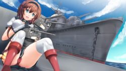  absurdres blue_eyes blue_sky braid breasts brown_hair bullet_in_mouth cameltoe chiyo_goya chou-10cm-hou-chan_(teruzuki&#039;s) cloud commentary day destroyer english_commentary female gloves hair_ornament hairband highres historical_name_connection kantai_collection large_breasts light_brown_hair long_hair looking_at_viewer military military_vehicle miniskirt name_connection object_namesake open_mouth outdoors panties pantyshot red_panties school_uniform serafuku ship sitting skirt sky smile teruzuki_(destroyer) teruzuki_(kancolle) underwear vehicle_and_personification warship watercraft 