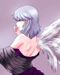  back bare_shoulders commentary_request dress female from_behind gradient_background grey_hair highres itocoh kishin_sagume long_sleeves no_bra off_shoulder parted_lips profile purple_background purple_dress red_eyes short_hair single_wing solo touhou upper_body wings 