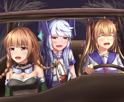  3girls :d bad_id bad_pixiv_id bare_shoulders blush braid brown_hair closed_eyes collar driving hair_ribbon headgear highres le_fantasque_(warship_girls_r) meme multiple_girls oerba_yun_fang open_mouth parody ray_(pixiv9514208) red_eyes ribbon roxbury saturday_night_live school_uniform serafuku smile surcouf_(warship_girls_r) twin_braids twintails vauquelin_(warship_girls_r) warship_girls_r what_is_love_(meme) yellow_eyes 