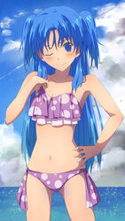  ;) bikini blue_eyes blue_hair blue_sky blush breasts chiharu_(9654784) chtholly_nota_seniorious cleavage cloud collarbone commentary_request cowboy_shot day female hand_on_own_hip highres long_hair looking_at_viewer navel ocean one_eye_closed outdoors polka_dot polka_dot_bikini purple_bikini shuumatsu_nani_shitemasu_ka? side-tie_bikini_bottom sky small_breasts smile solo sparkle standing sweatdrop swimsuit twintails very_long_hair 