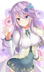  anemone_(flower) anemone_(flower_knight_girl) blue_eyes blue_flower blue_skirt breasts closed_mouth collared_shirt commentary_request cowboy_shot female floral_background flower flower_knight_girl hair_between_eyes hair_flower hair_ornament hand_up head_tilt highres long_hair long_sleeves looking_at_viewer medium_breasts name_connection neck_ribbon object_namesake pink_flower ponta_(velmar) purple_flower purple_hair revision ribbon sanpaku shirt sidelocks skirt smile solo standing white_background white_shirt 