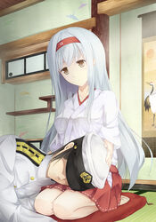  1boy admiral_(kancolle) barefoot blush breasts brown_eyes coffee1223 commentary_request female hair_ribbon hairband highres japanese_clothes kantai_collection lap_pillow long_hair lying medium_breasts ribbon scroll shoukaku_(kancolle) sitting skirt smile white_hair 